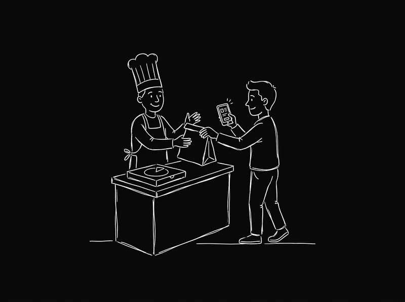 Dessin au trait : un cuisinier en toque tend un sac à un client au comptoir