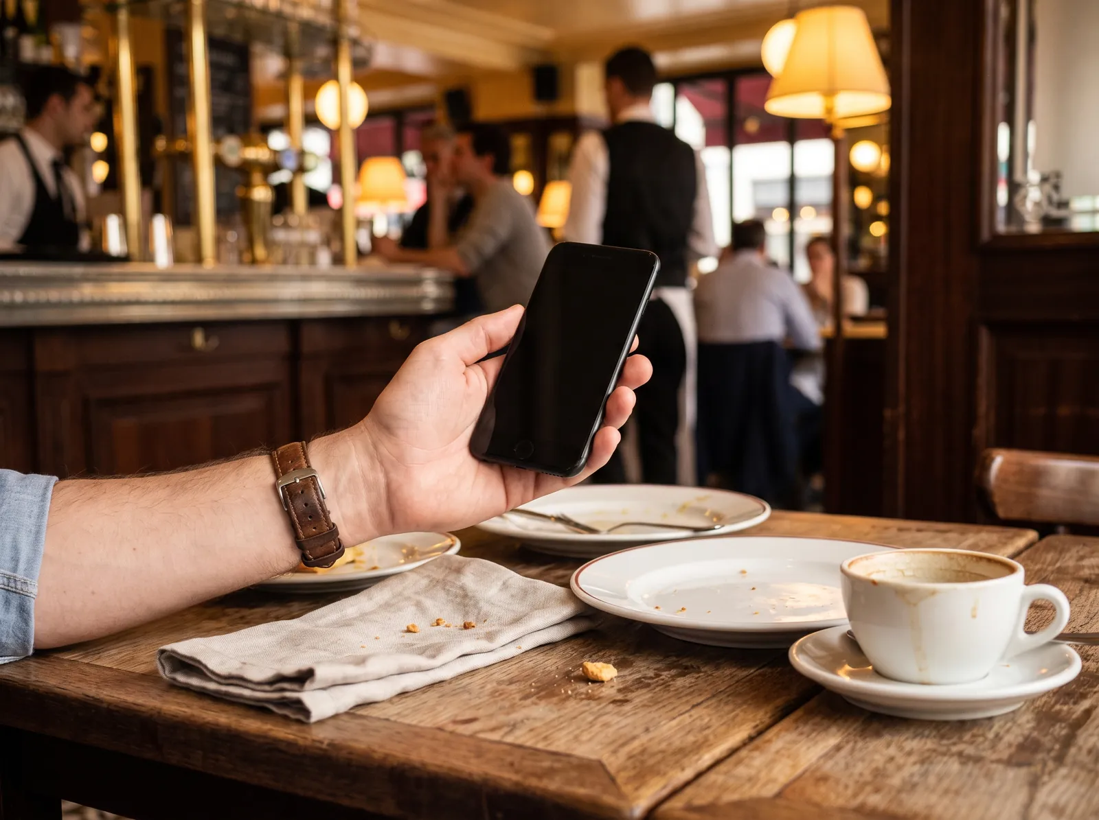 À la fin d'un repas au restaurant, la main d'un client tient son téléphone au-dessus de la table