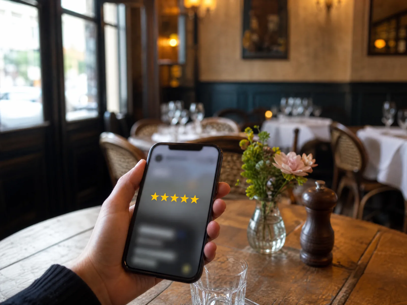 Dans une salle de bistrot, une main tient un téléphone qui affiche cinq étoiles