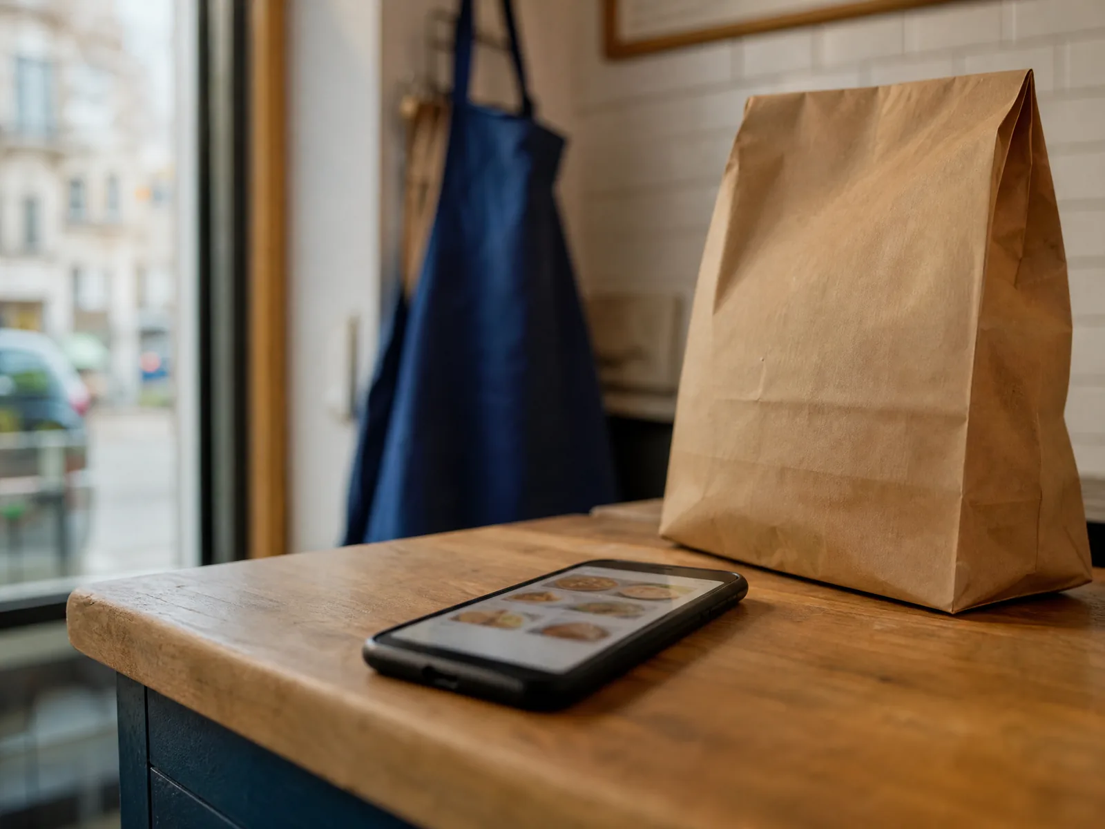 Un sac à emporter en papier kraft et un téléphone posés sur le comptoir d'un restaurant