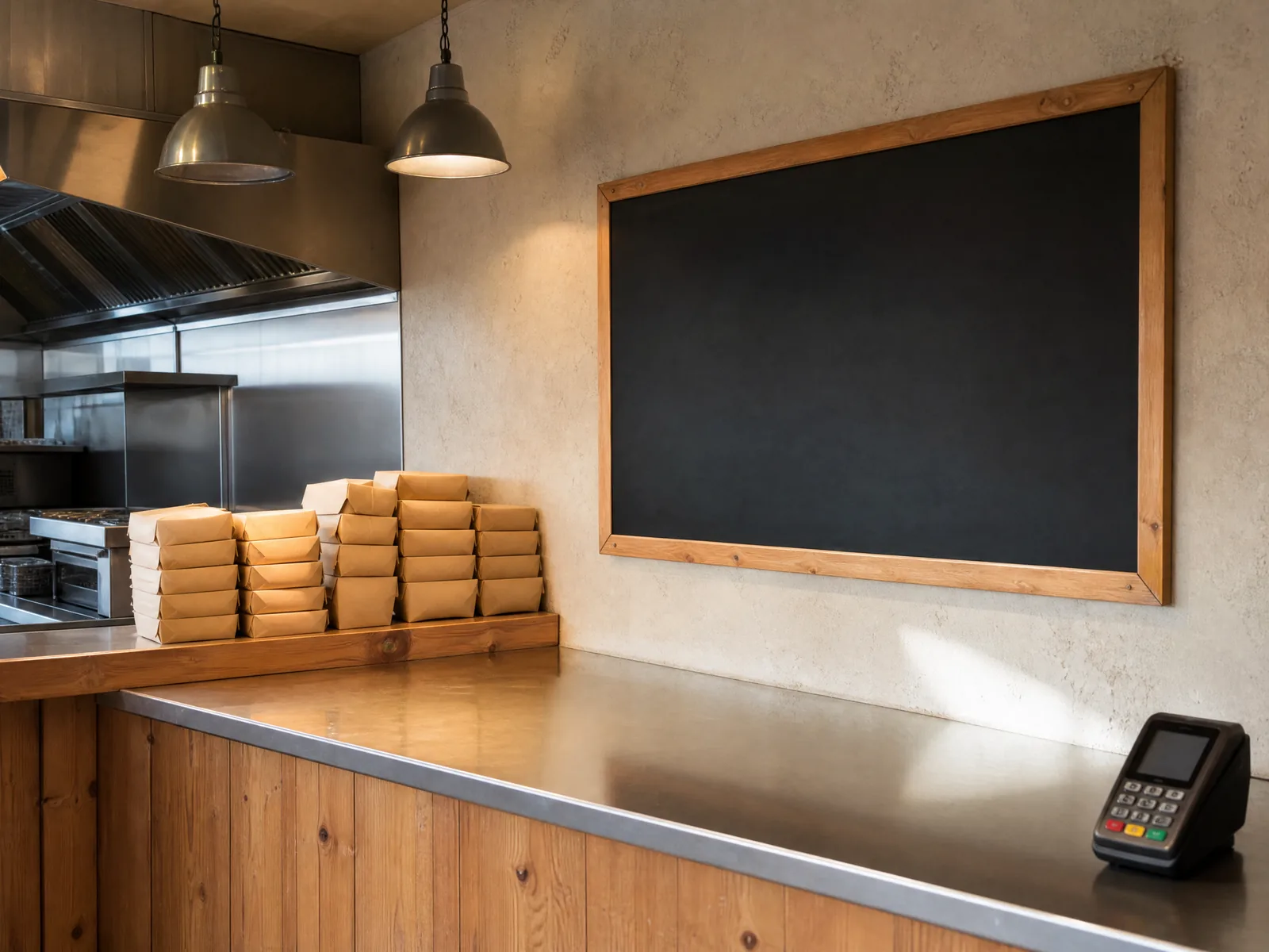 Le comptoir d'un restaurant avec son terminal de paiement, la cuisine ouverte derrière