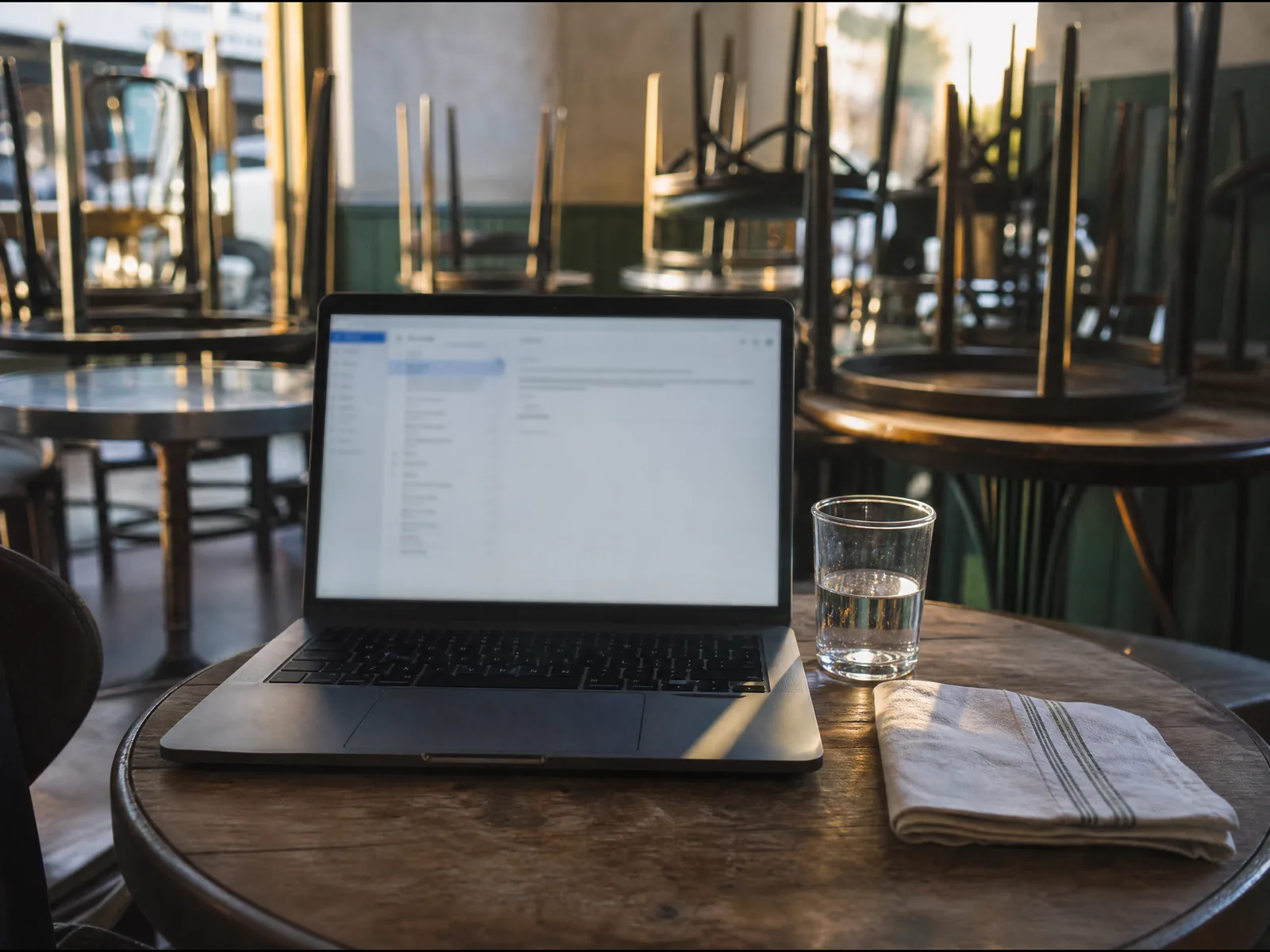 Un ordinateur portable ouvert sur une table de bistrot, les chaises retournées sur les tables