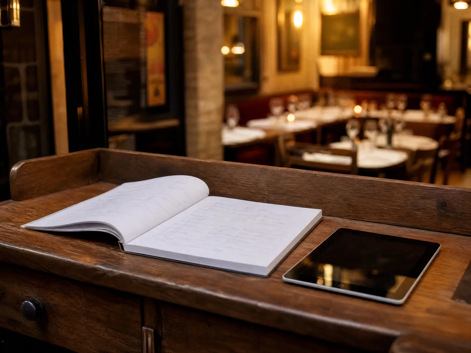 Un cahier de réservation ouvert et une tablette posés sur le pupitre d'entrée d'une salle de restaurant
