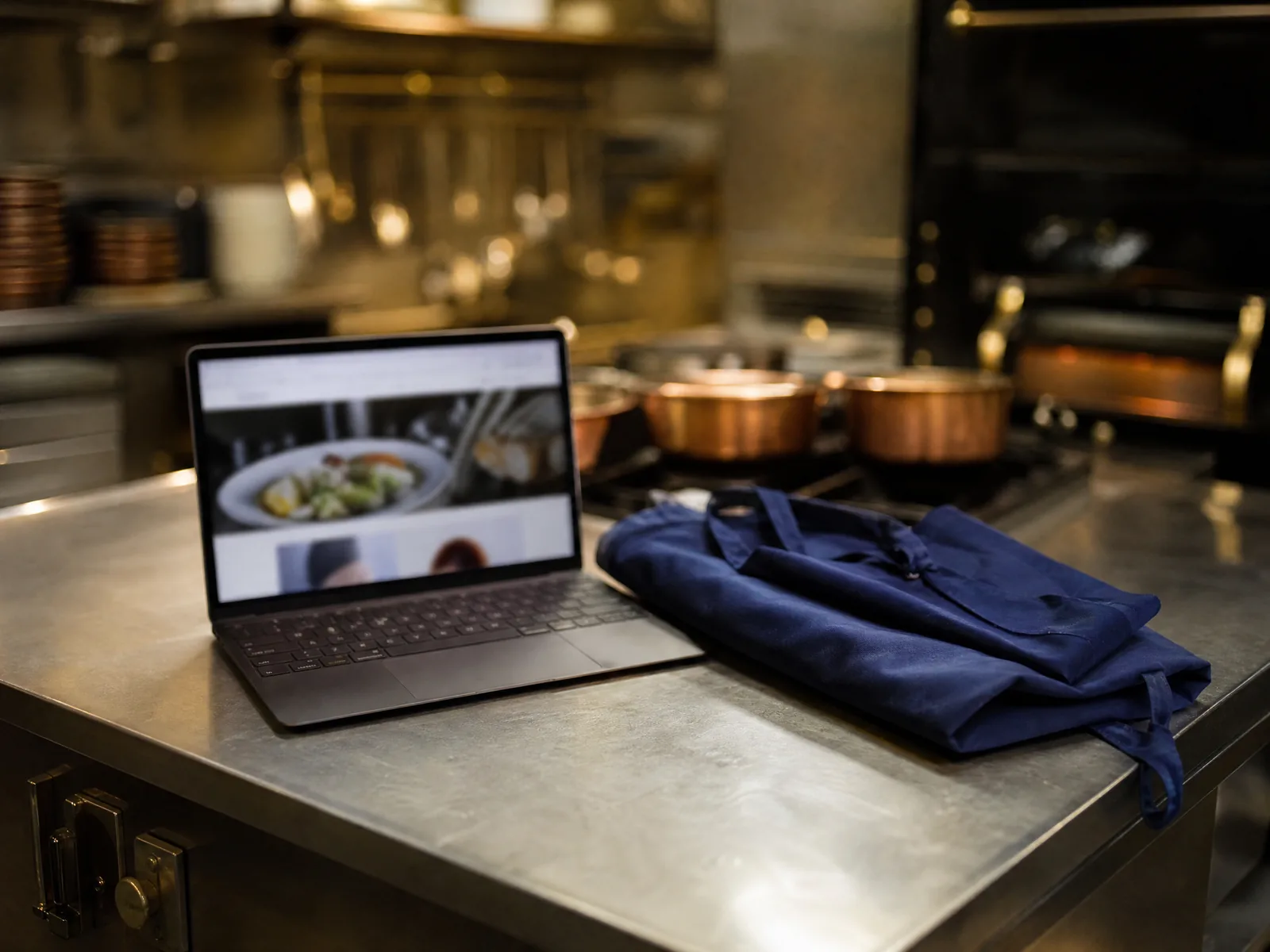 Un ordinateur portable ouvert sur un plan inox en cuisine, un tablier bleu plié à côté