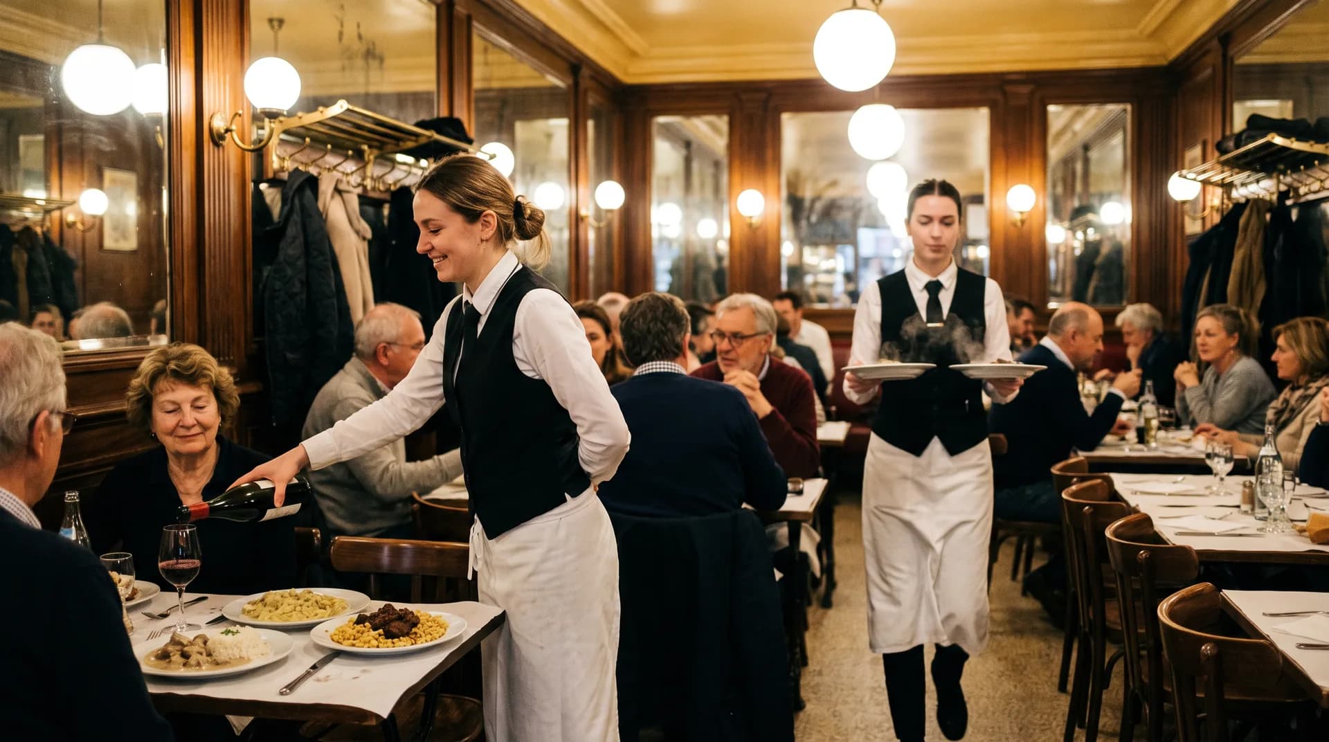 Une salle de restaurant pleine, deux serveuses en tablier servent les tables