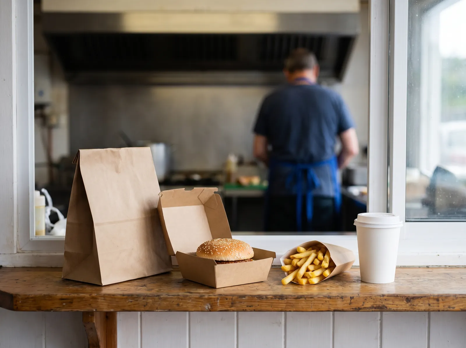 Sur le comptoir d'un restaurant à emporter, un sac en papier kraft, un burger dans sa boîte, des frites et un gobelet
