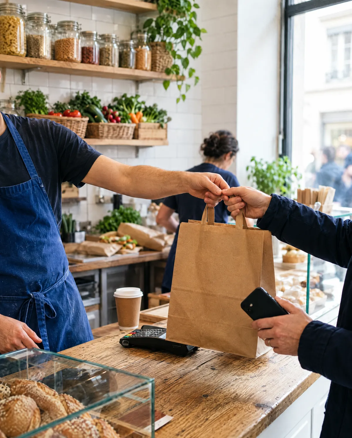 Au comptoir d'un restaurant, un cuisinier en tablier bleu tend un sac à emporter à un client