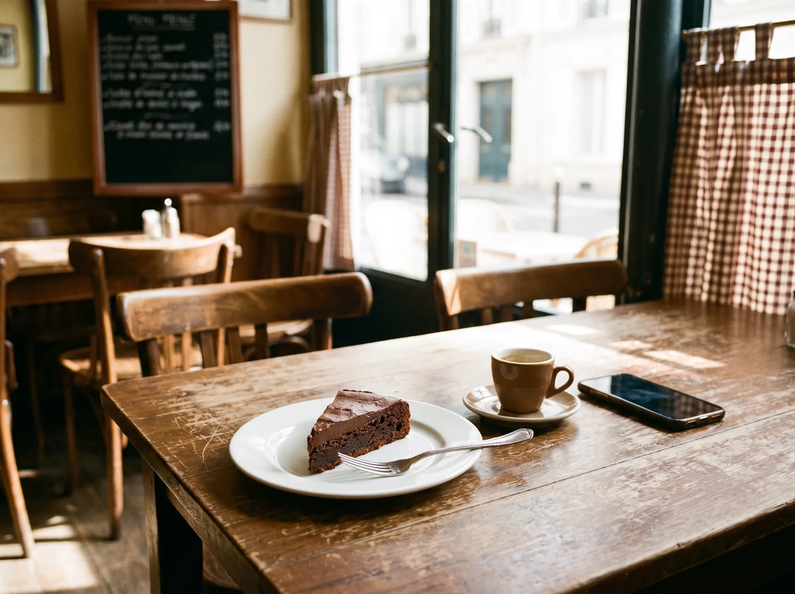 Une part de gâteau au chocolat et un café posés sur une table en bois, dans un bistrot