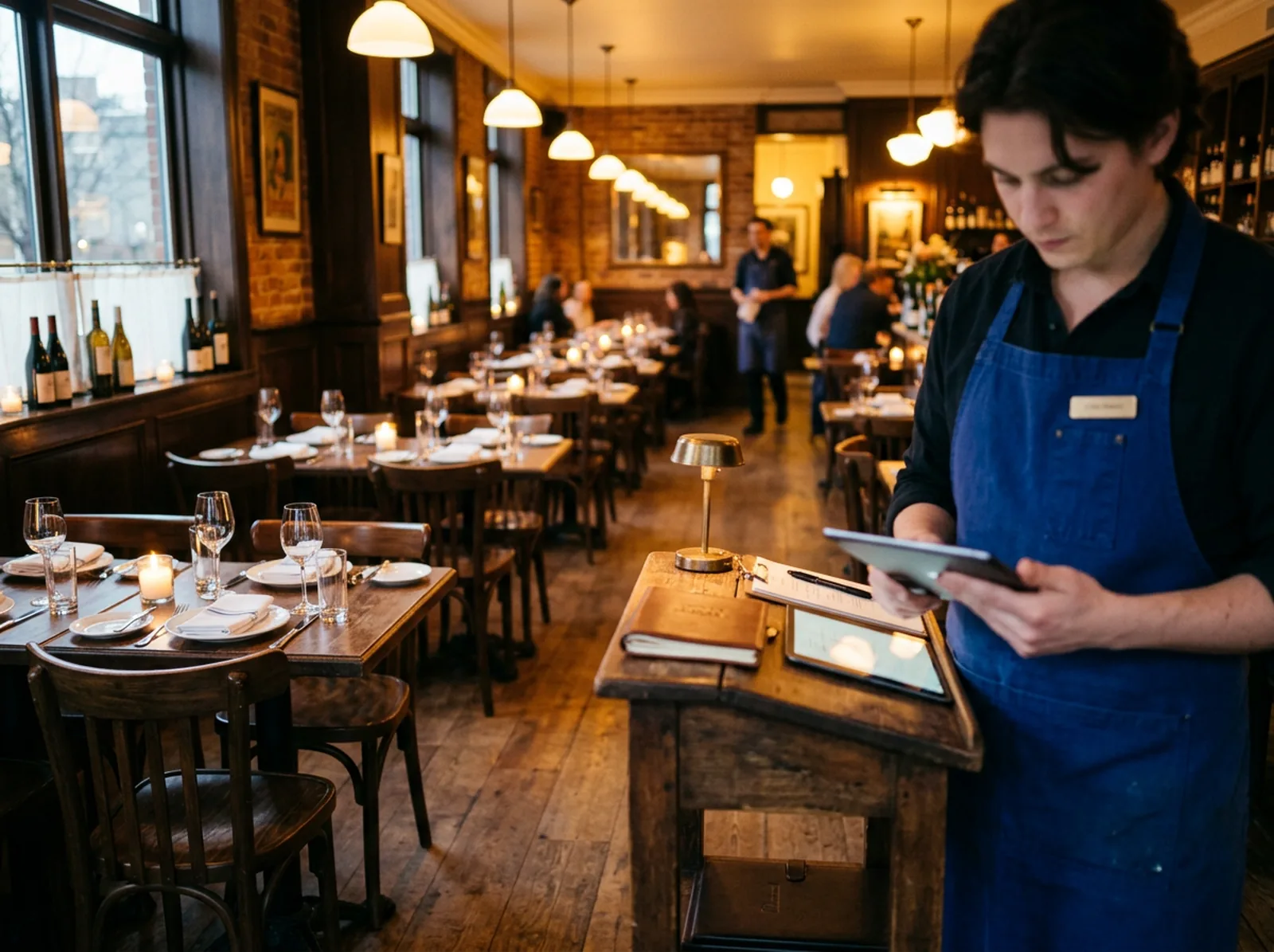 Une salle de restaurant dressée avant le service, un hôte en tablier bleu consulte une tablette