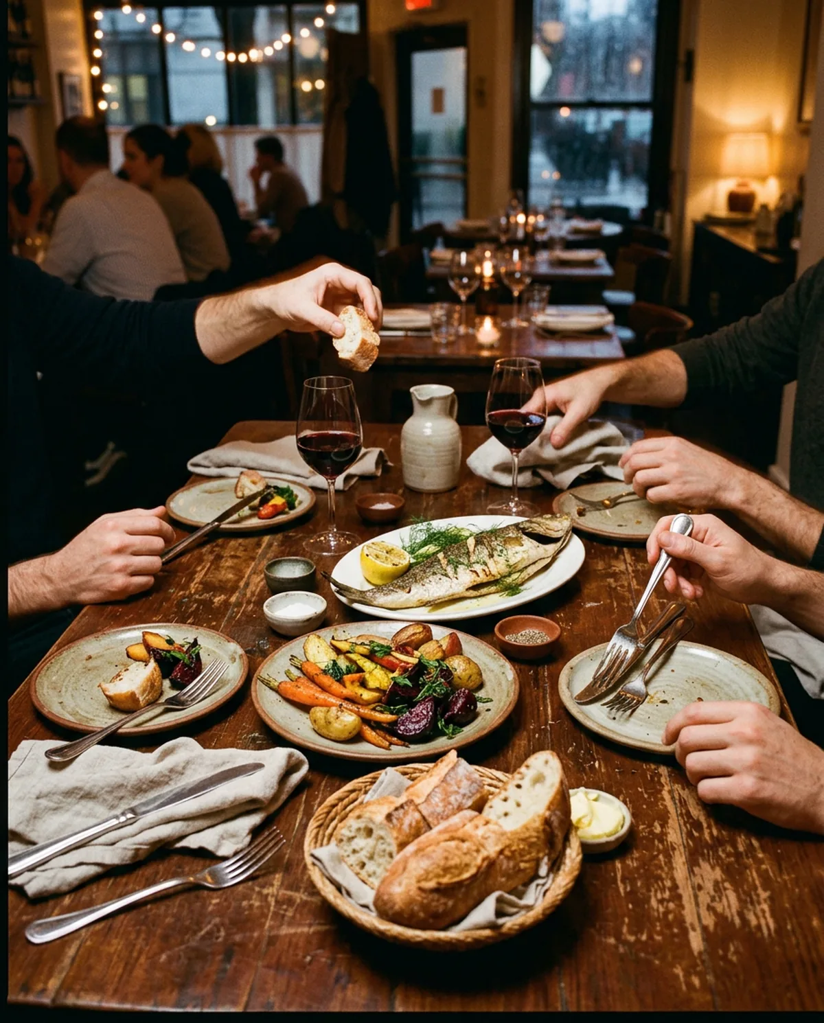 Une table de bistrot en plein service, des mains qui se servent dans les plats partagés