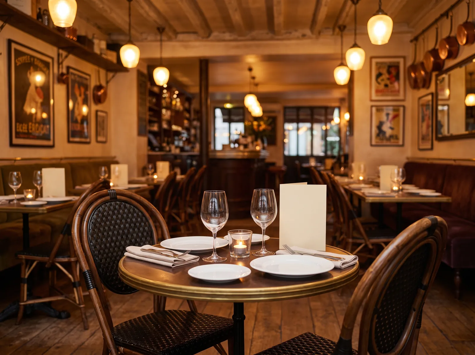Une table pour deux dressée avec des bougies dans une salle de restaurant, le soir avant le service
